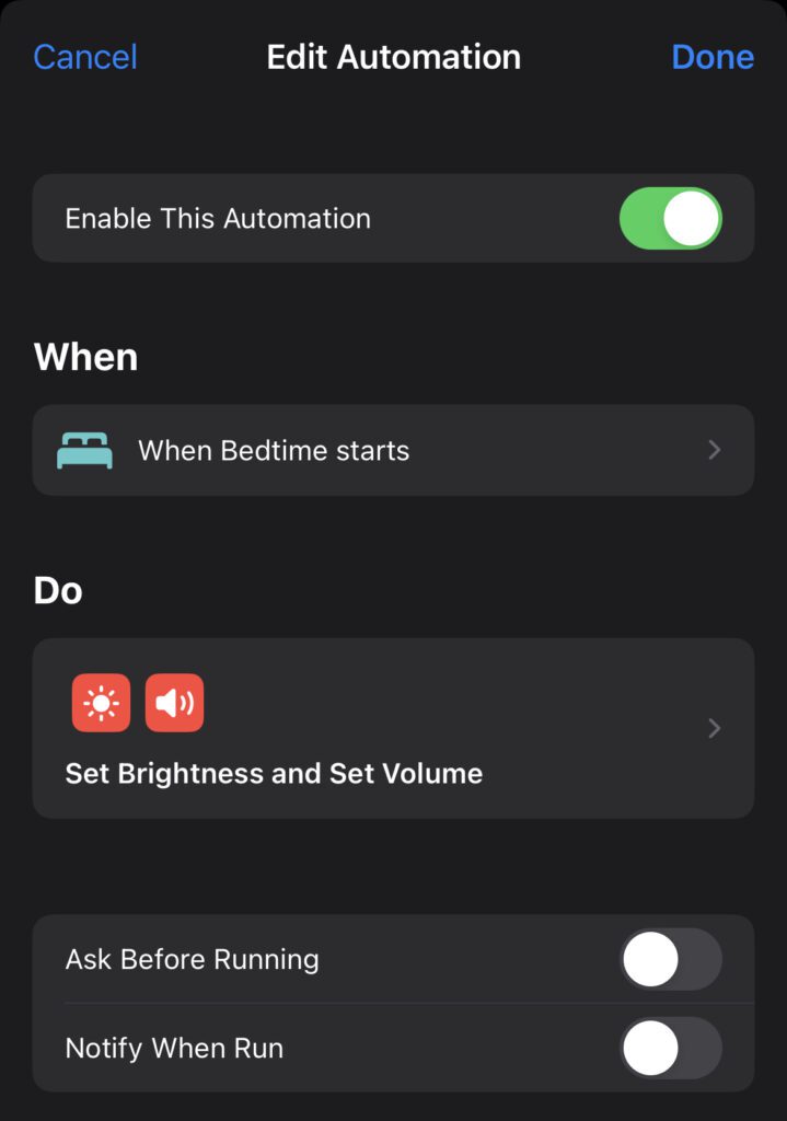 iphone shortcut screen showing when sleep focus is activated, volume and brightness are set