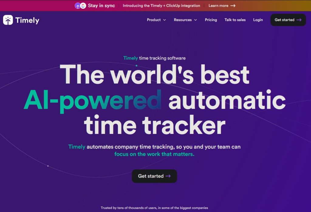 Timely ai-powered time-tracking tool landing page