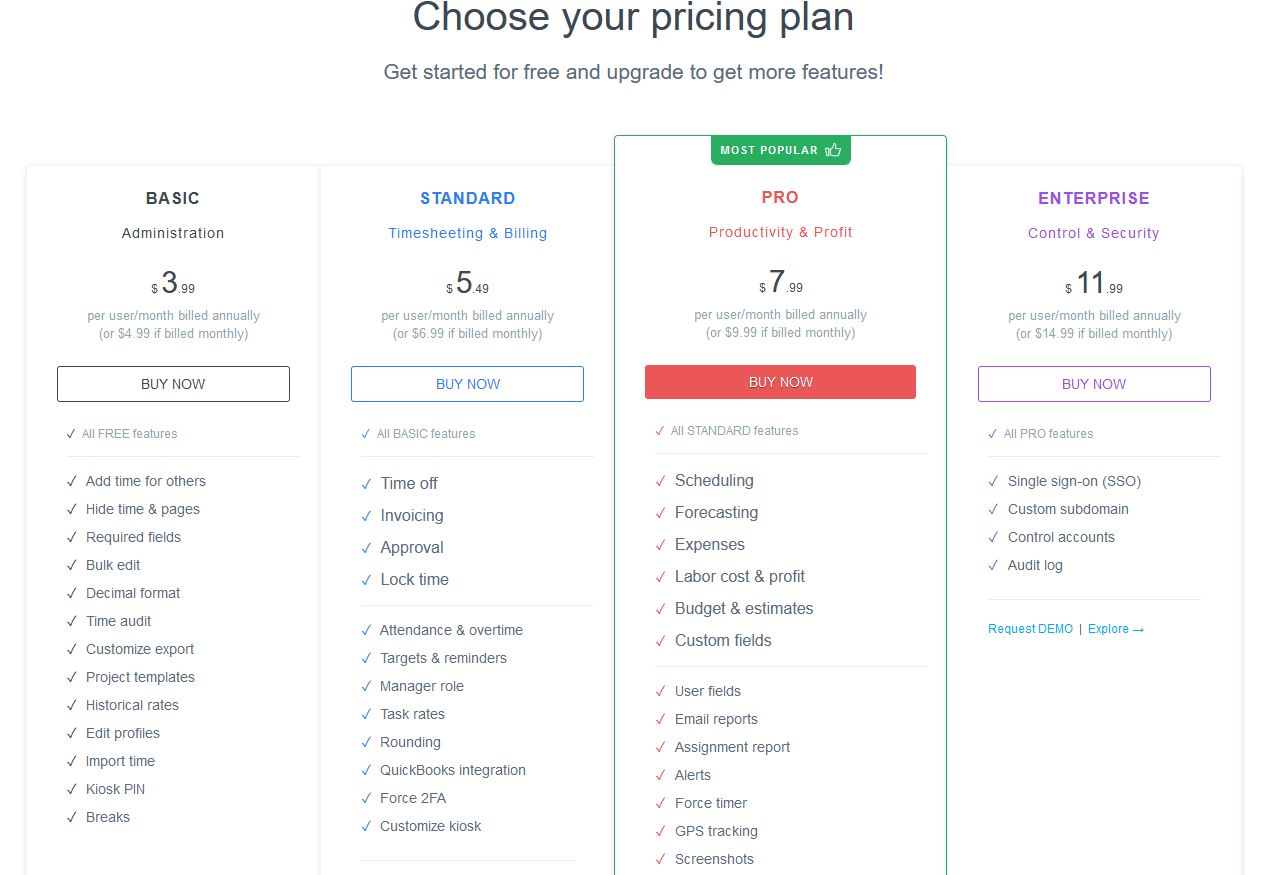 clockify pricing page