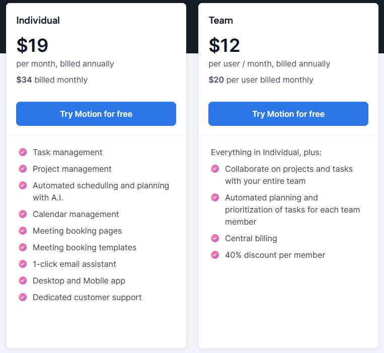 motion ai pricing page